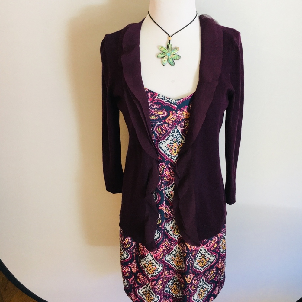 LOFT Purple Ruffled Cardigan Sweater Size XS